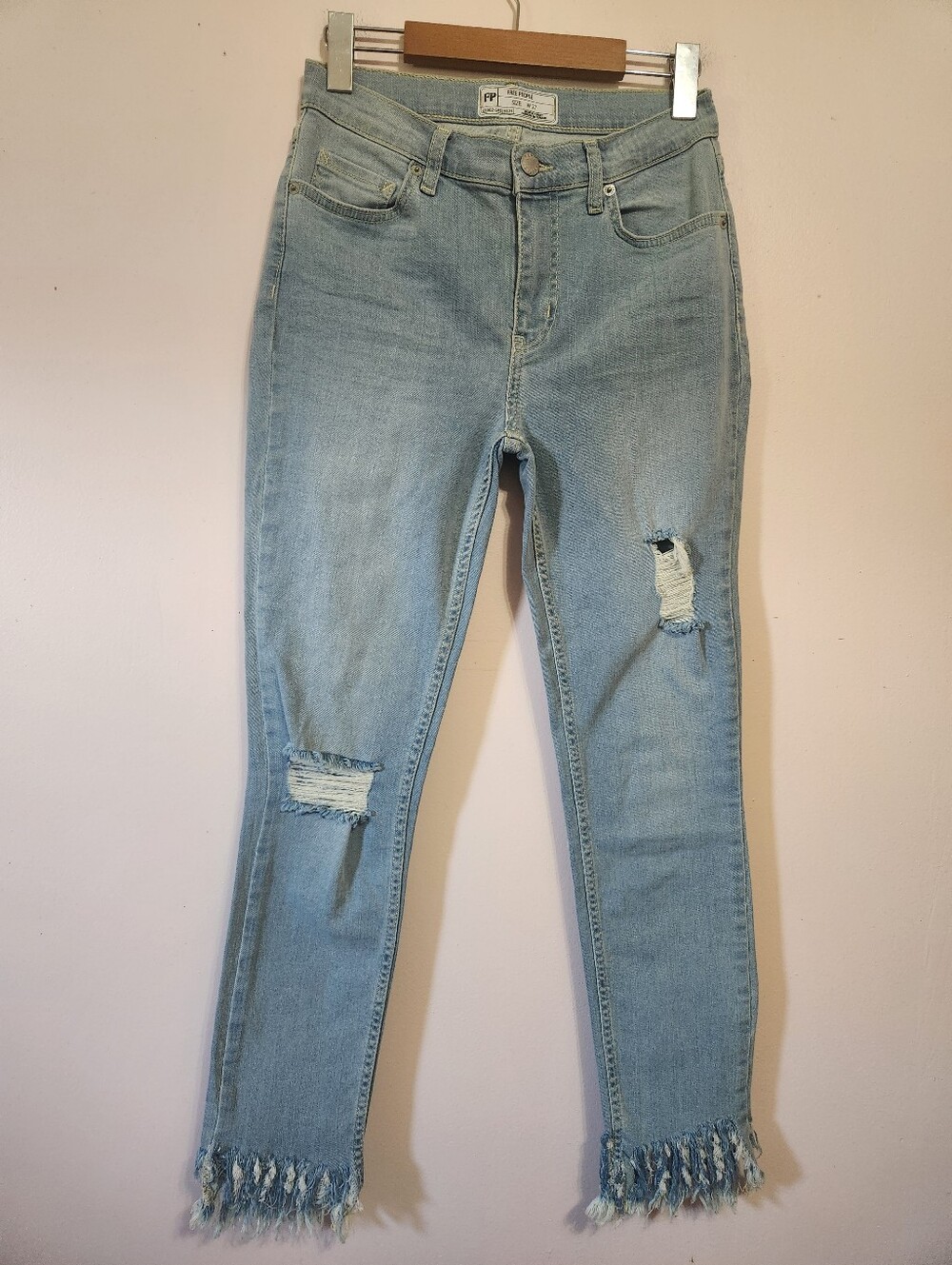 Free People Great Heights Frayed Fringe Skinny Jeans Distressed Boho Y2K W27